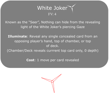 Known as the �Seer�, Nothing can hide from the revealing  light of the White Joker�s piercing Gaze  Illuminate: Reveal any single concealed card from an opposing player�s hand, top of chamber, or top  of deck.  (Chamber/Deck reveals currrent top card only, 0 depth)  Cost: 1 move per card revealed White Joker FV: 4