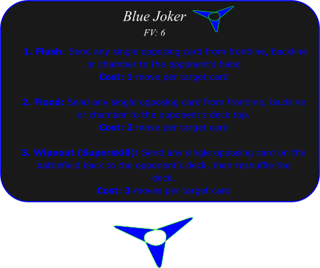 Blue Joker FV: 6  1. Flush: Send any single opposing card from frontline, backline or chamber to the opponent�s hand  Cost: 1 move per target card  2. Flood: Send any single opposing card from frontline, backline or chamber to the opponent�s deck top. Cost: 2 move per target card  3. Wipeout (Superskill): Send any single opposing card on the  battlefield back to the opponent�s deck, then reshuffle the  deck.  Cost: 3 moves per target card