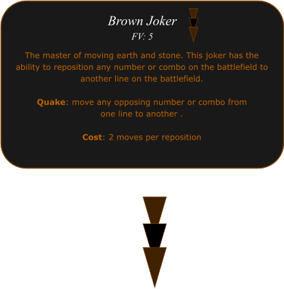 Brown Joker FV: 5 The master of moving earth and stone. This joker has the ability to reposition any number or combo on the battlefield to  another line on the battlefield.  Quake: move any opposing number or combo from  one line to another .  Cost: 2 moves per reposition